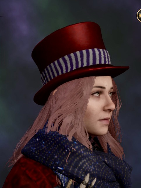 Emily, a pink-haired witch wearing a red top hat, and a blue scarf