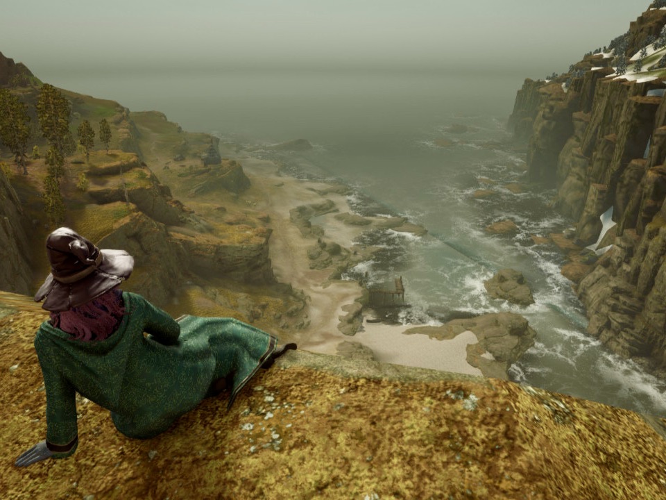 Emily, a brown-haired witch in a green robe and blue dress, sitting on a cliff edge, looking at the view (Hogwarts Legacy).