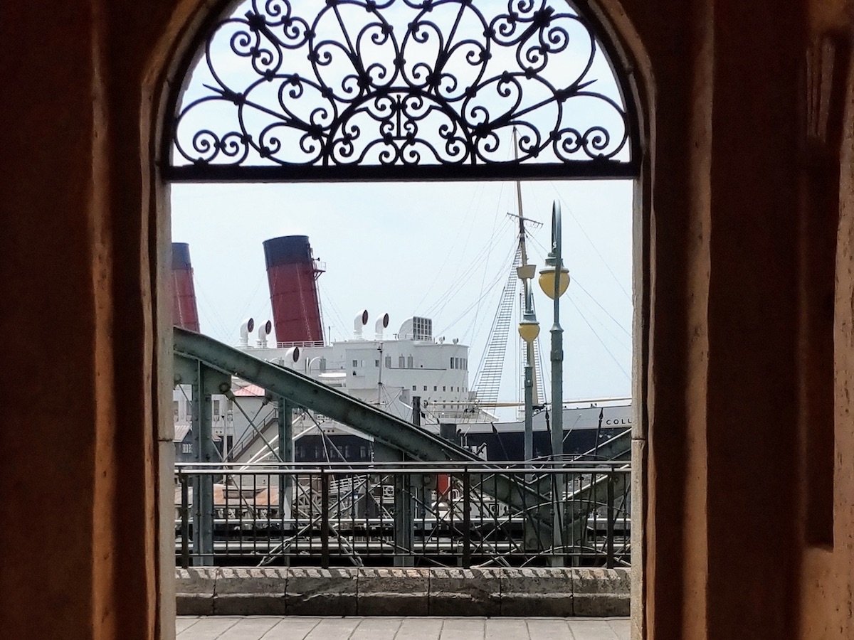 A view of the S.S. Columbia steamship from the Ponte Vecchio bridge at Tokyo DisneySea