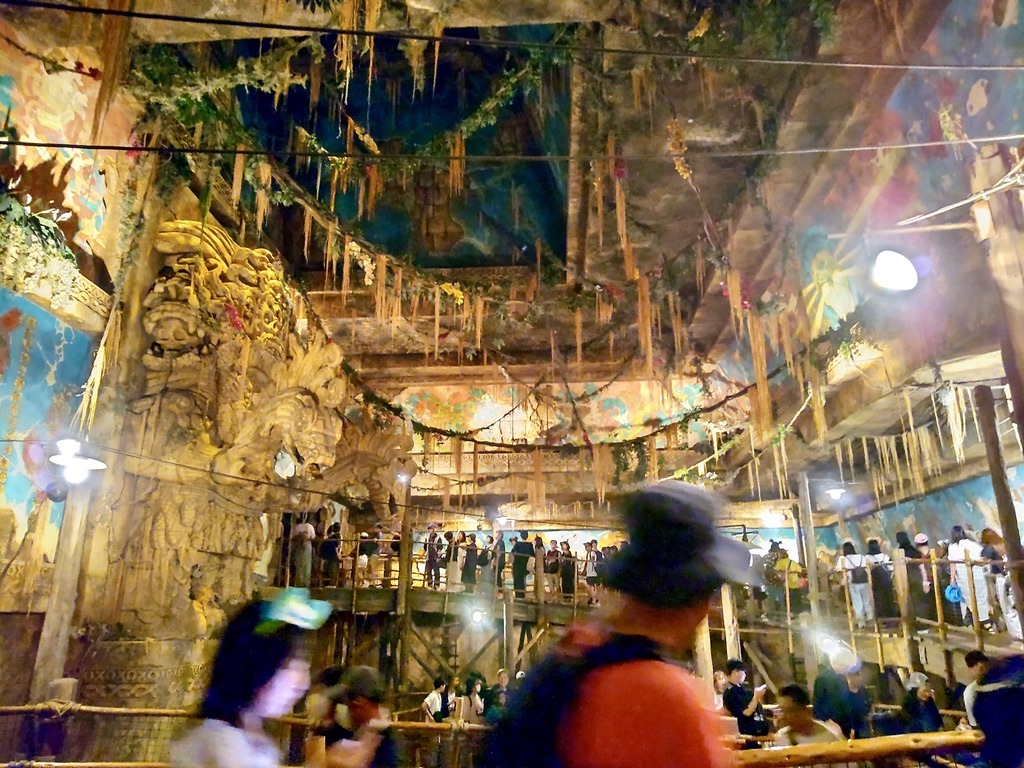 The indoor queue area of the Indiana Jones Adventure attraction, designed to look like an ancient temple