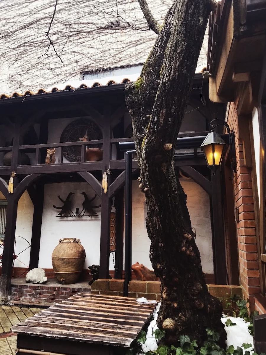 A beautiful courtyard at Kogen-sha in Iwate, resembling a scene from a picture book, featuring traditional craftsmanship and a peaceful atmosphere