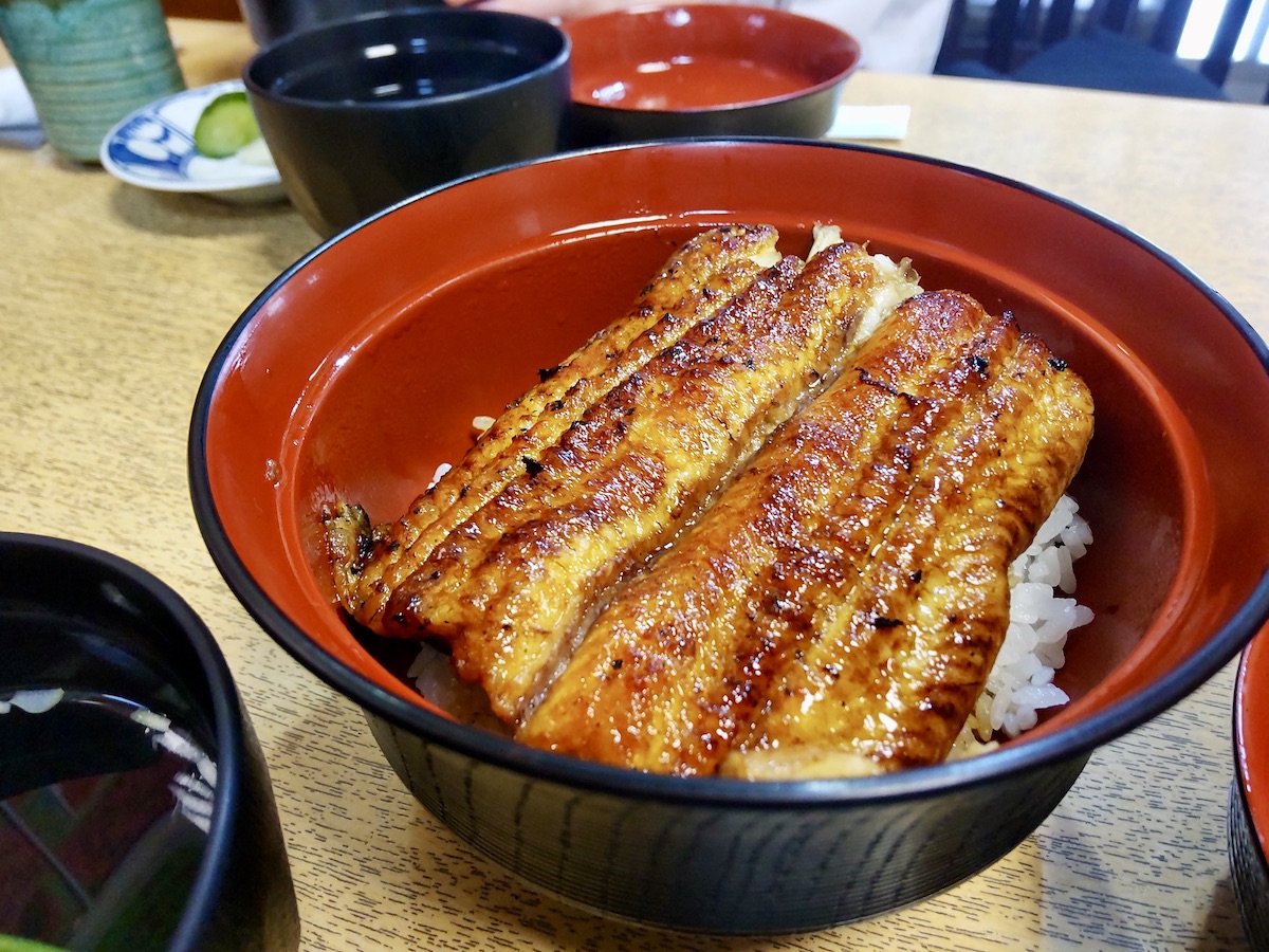 Grilled eel served on top of a bowl of steamed rice