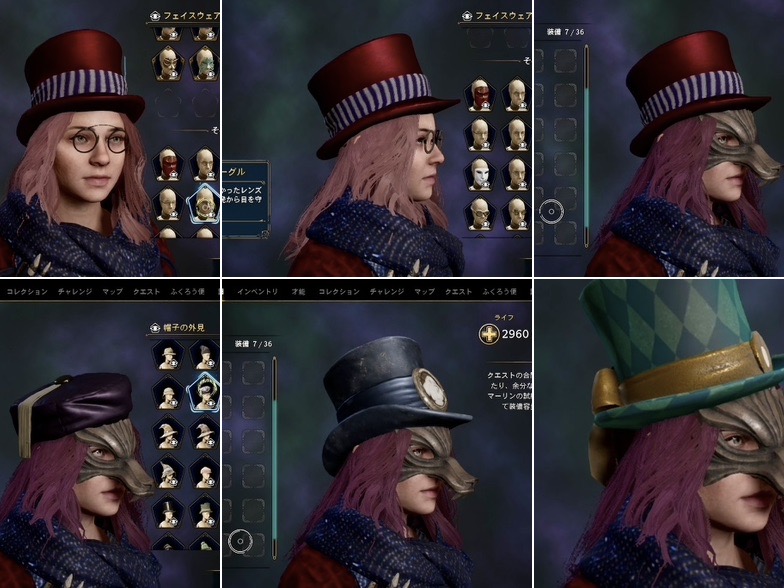 Emily wearing a wolf mask, a purple kufi hat, a leather top hat, and a green top hat.