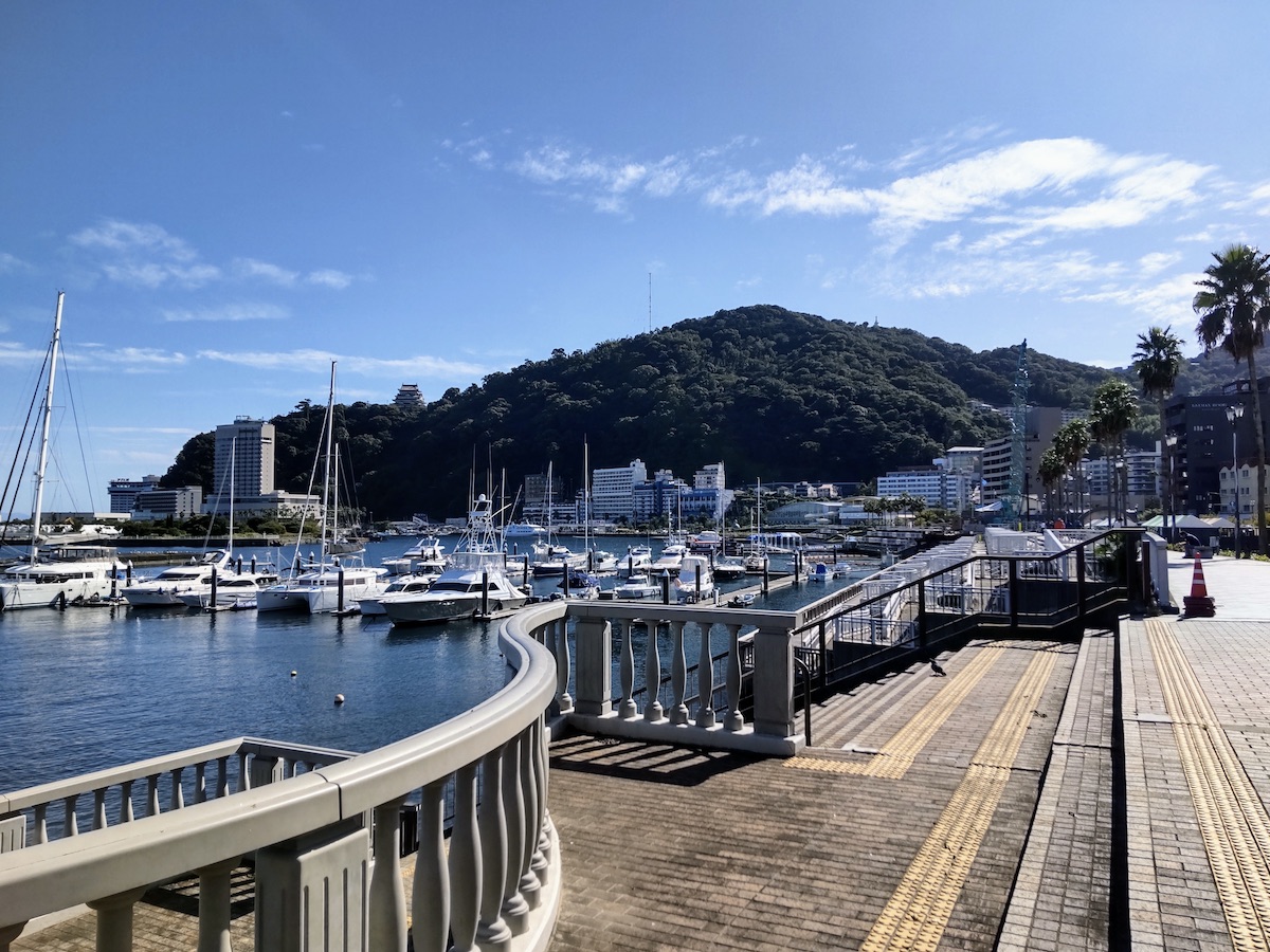 A deck view of a marina with palm trees and distant mountains