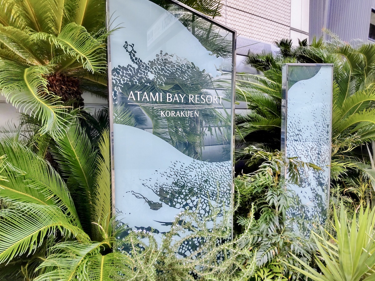 A glass sign surrounded by green plants like sago palms