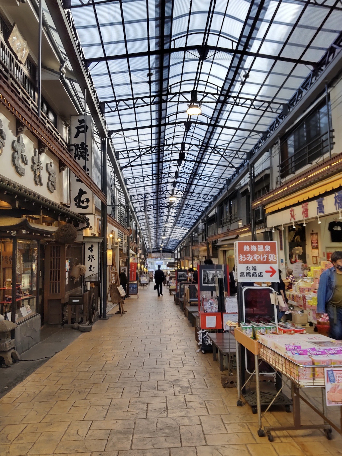 A nostalgic shopping arcade lined with a long row of old stores