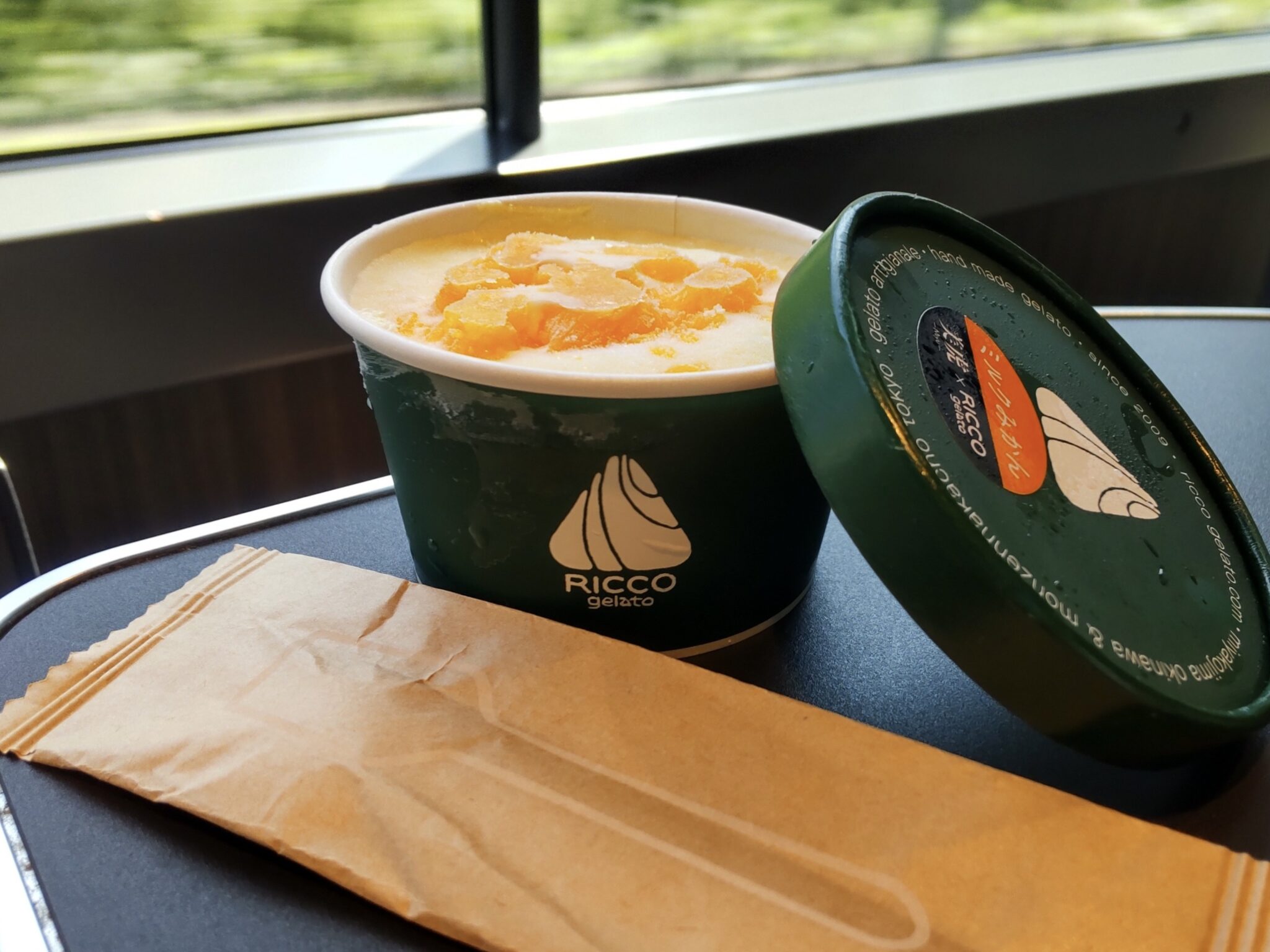 Gelato in a dark green cup topped with a fresh mandarin segment