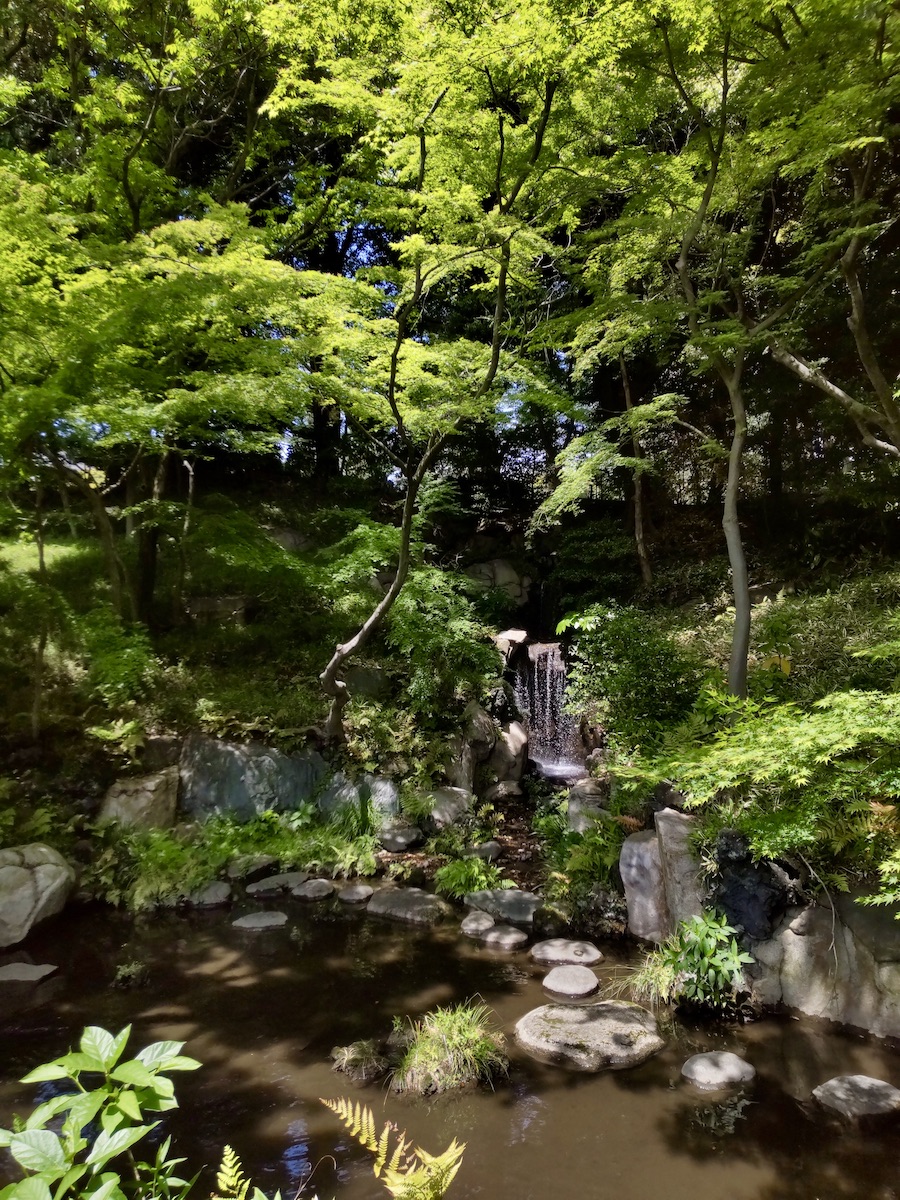 A small waterfall flowing beneath lush, bright green trees