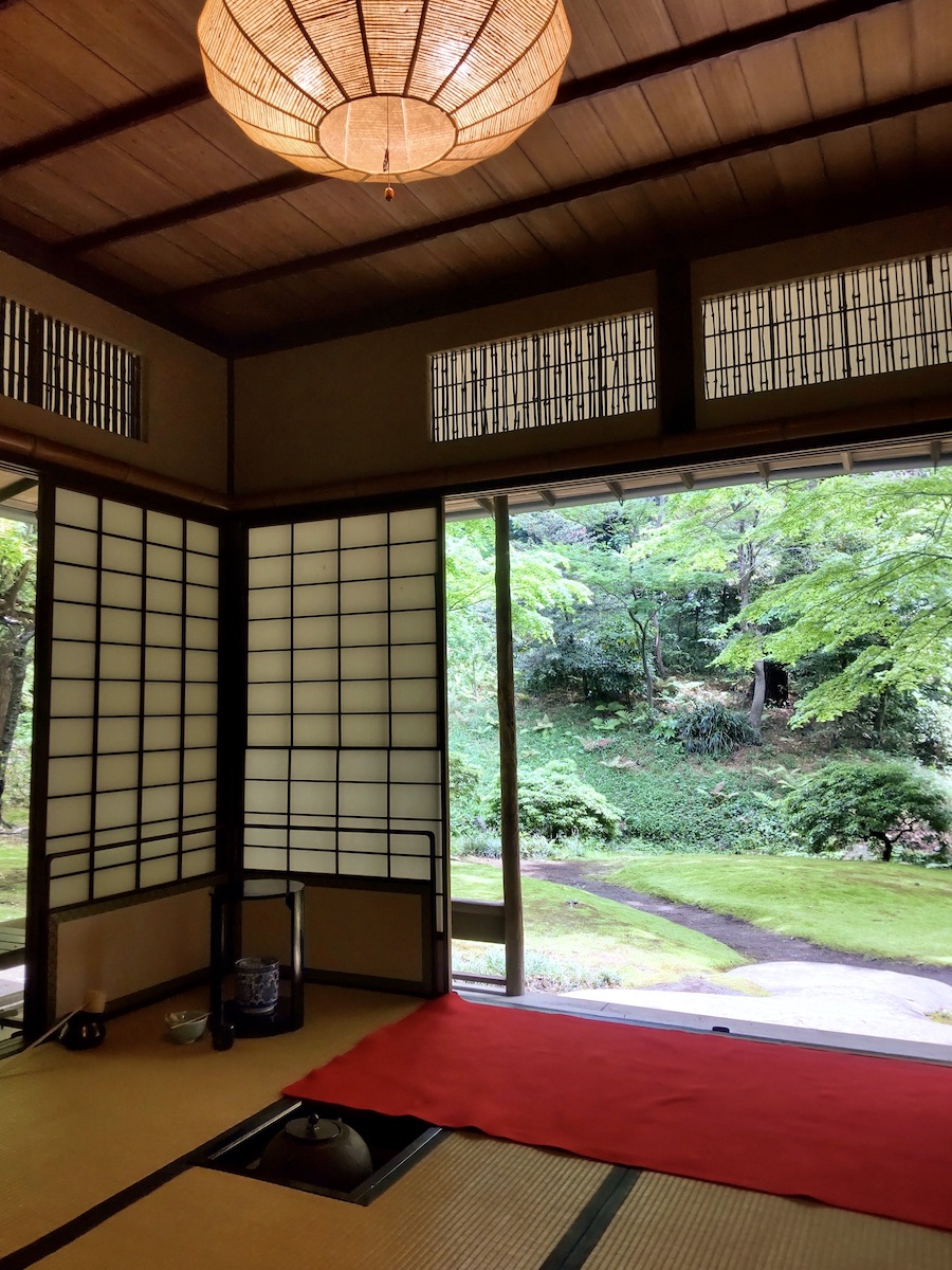 A tea room interior with tools overlooking fresh green leaves