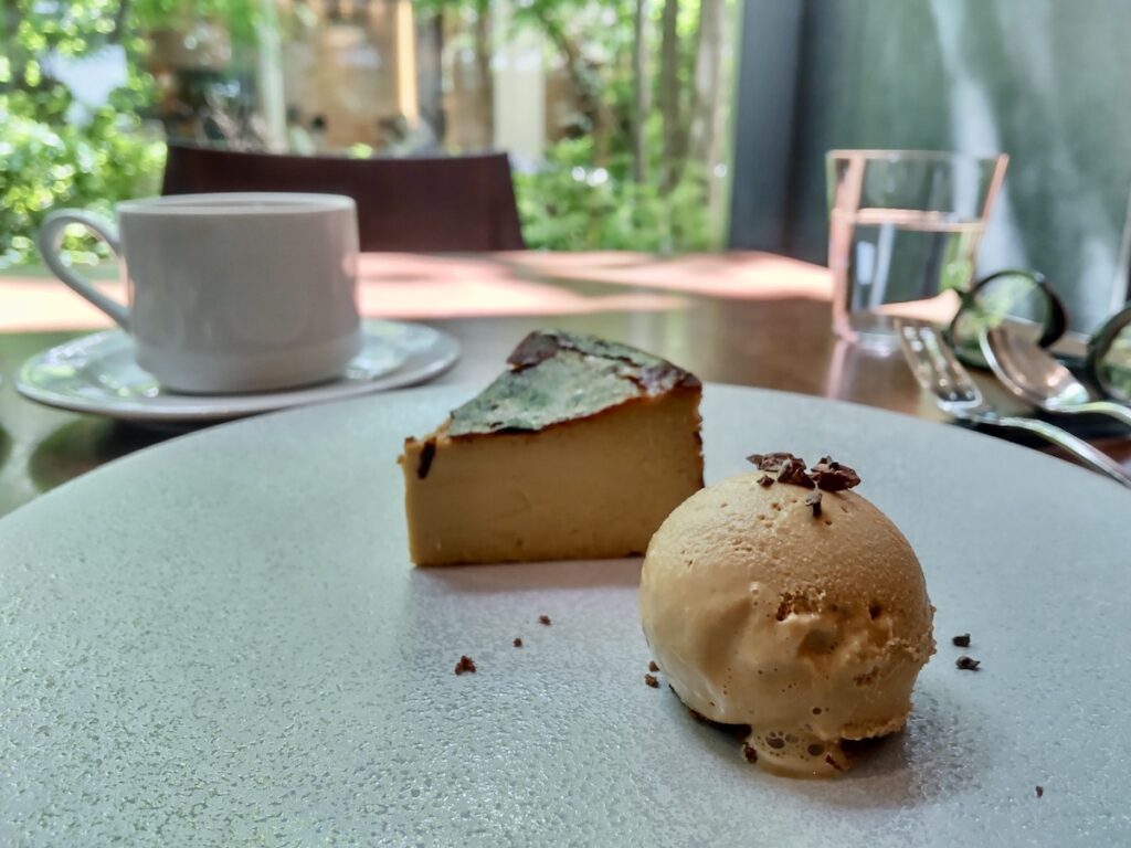 Basque cheesecake and coffee ice cream with fresh greenery background