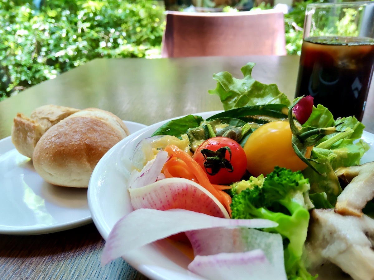 A fresh salad with a bright green courtyard in background