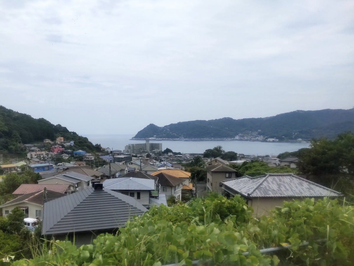 A scenic view of mountains and a bay with traditional Japanese houses visible