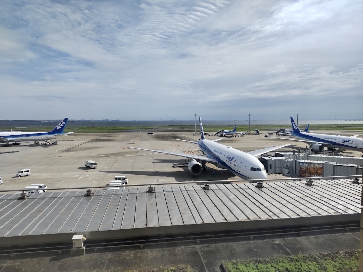 Multiple ANA airplanes parked on the tarmac under a open blue sky