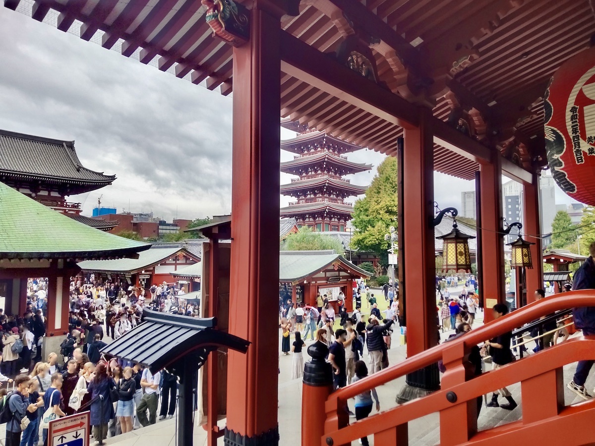 Looking out at the five-story pagoda and visitors from a Japanese temple