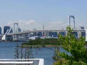 Rainbow Bridge stretching across Tokyo Bay with Tokyo Tower in the background