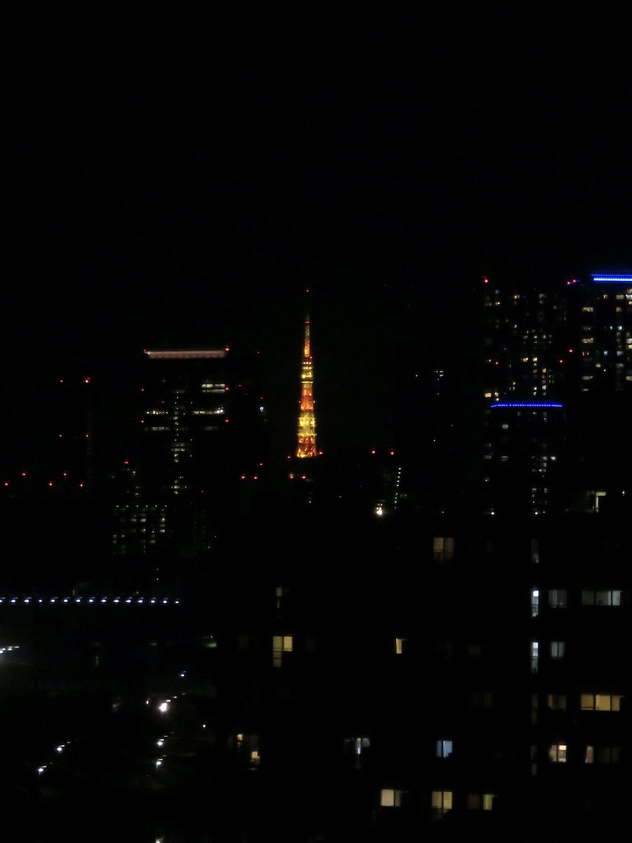 Illuminated Tokyo Tower glowing in the dark night sky surrounded by city lights